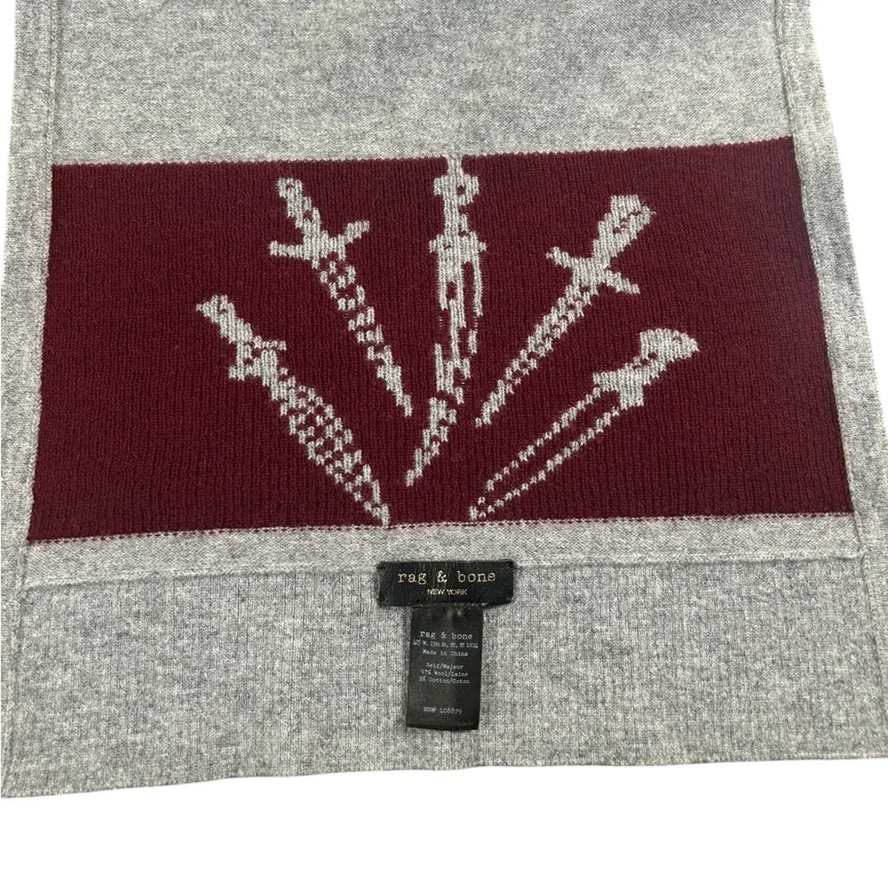 RAG & BONE Gray Burgundy Wool Knit Scarf Dagger Motif‎ Unisex 77”